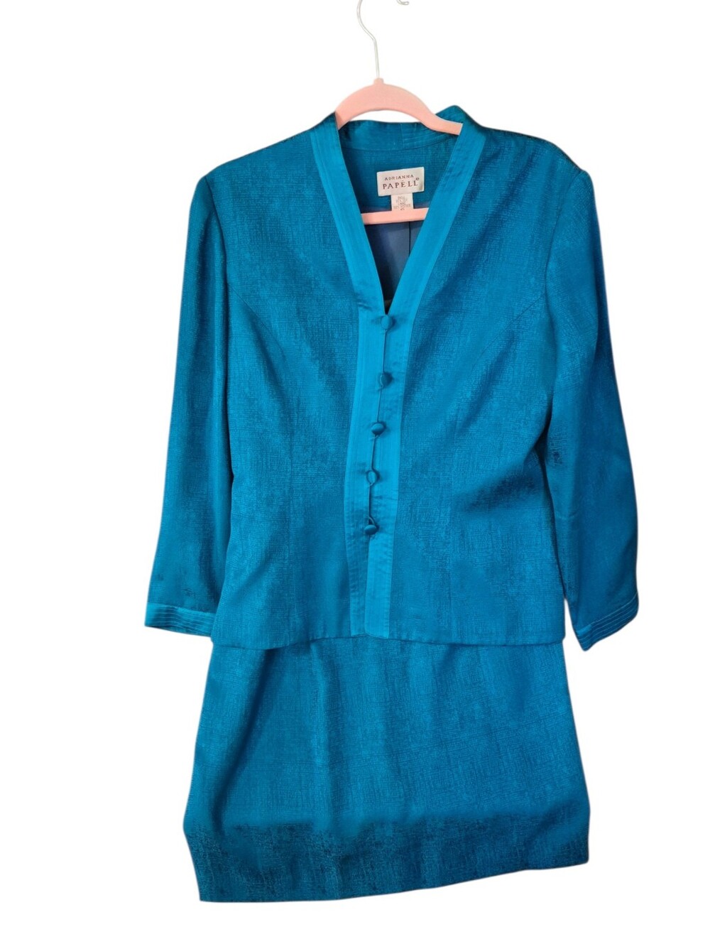 Adrianna Papell Teal Two-Piece  Silk Skirt Suit with Button Front- 10.       U19